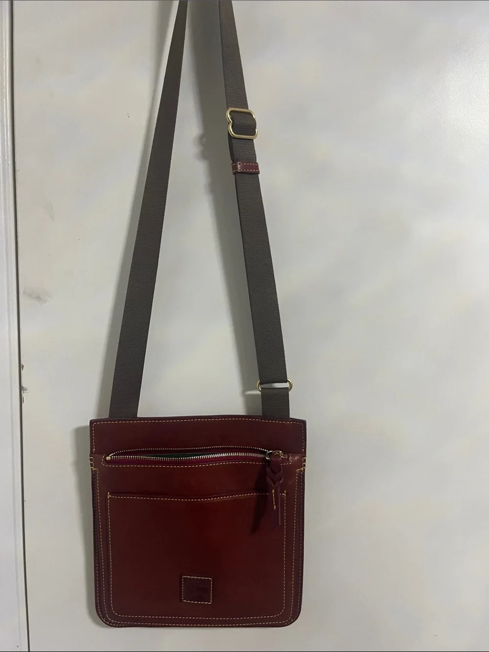 Dooney & Bourke Brown Leather crossbody with Yellow Stitching